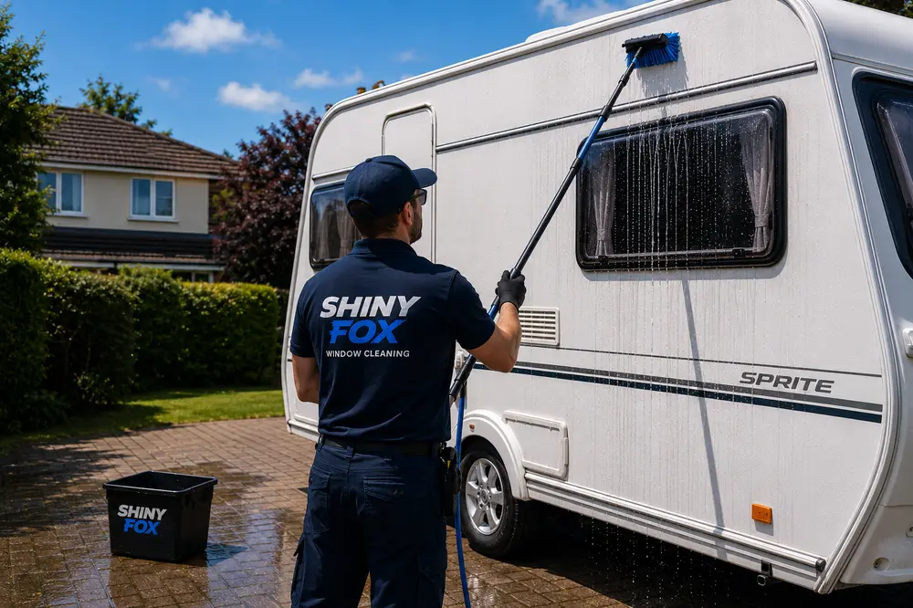 Caravan exterior wash on a driveway
