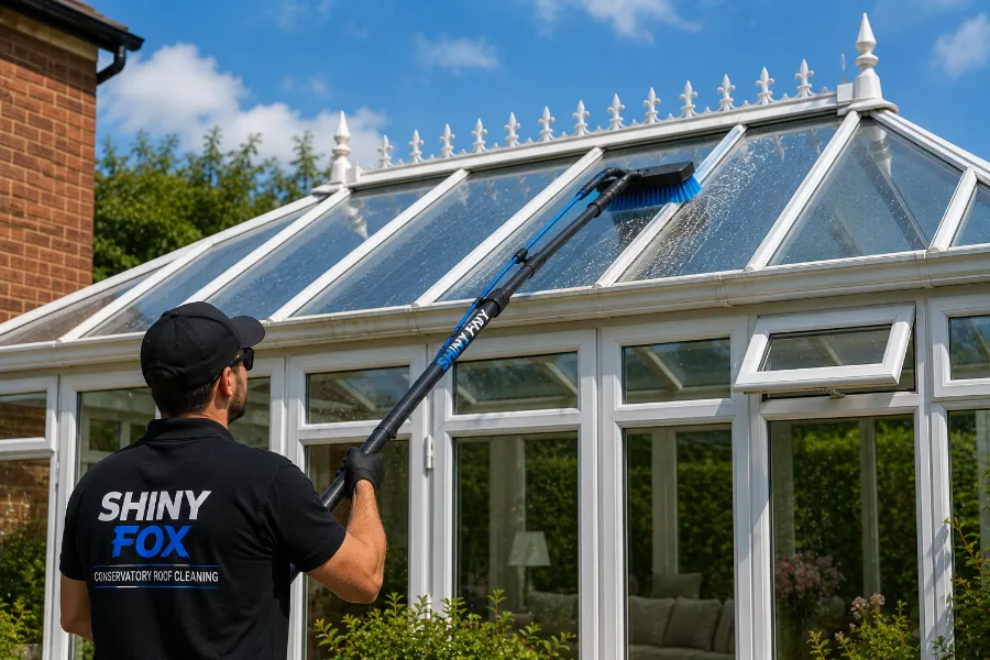 Conservatory roof being cleaned with a water-fed pole