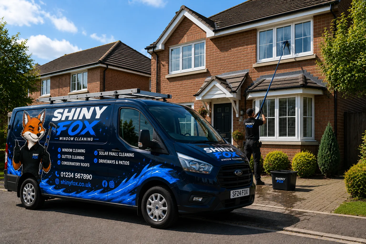The Shiny Fox van outside a home in Anstey while a window cleaner works with a water-fed pole