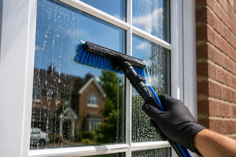 Pure-water brush cleaning a window on a home in Anstey